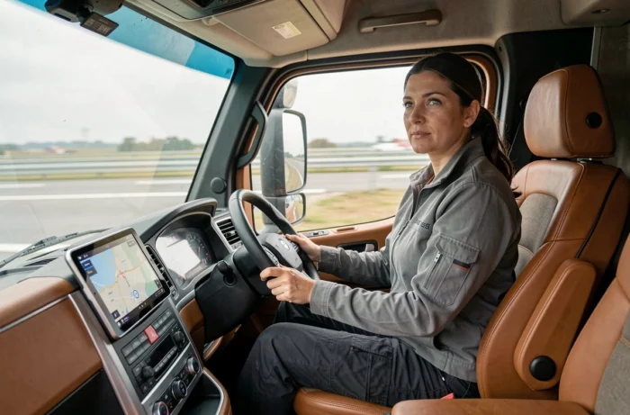 Conductrice de poids lourd dans la cabine d'un camion connecté équipé d'un tableau de bord numérique — technologie transport routier 2024