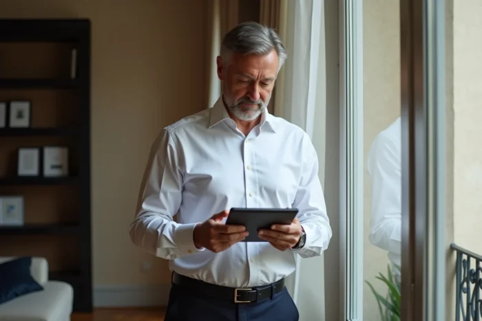 Homme d'affaires consultant son espace client BNP Paribas banque privée sur une tablette dans un appartement contemporain