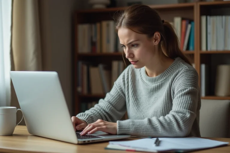 Femme connectée au portail Arena Montpellier sur un ordinateur portable depuis son bureau à domicile