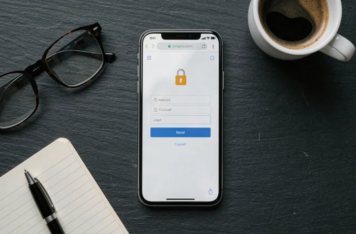 Vue de dessus d'un smartphone affichant un écran de connexion sécurisé au webmail EDF avec icône de cadenas