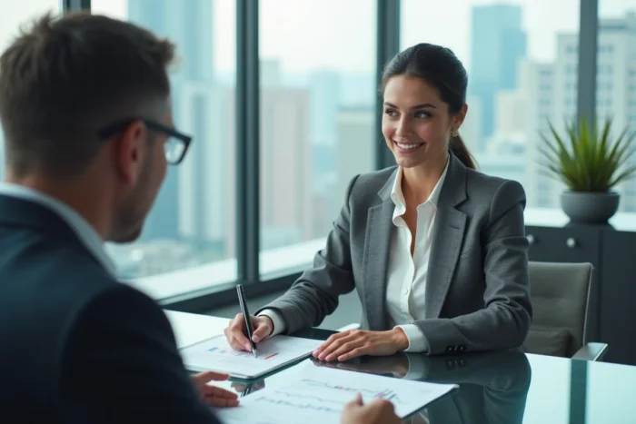 Femme consultant un conseiller financier pour investir en bourse dans un bureau professionnel