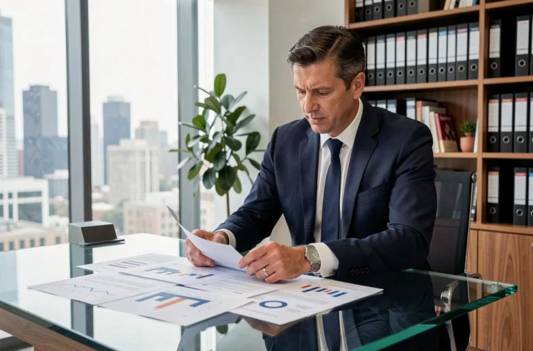 Conseiller financier analysant des documents patrimoniaux sur un bureau en verre dans un bureau moderne