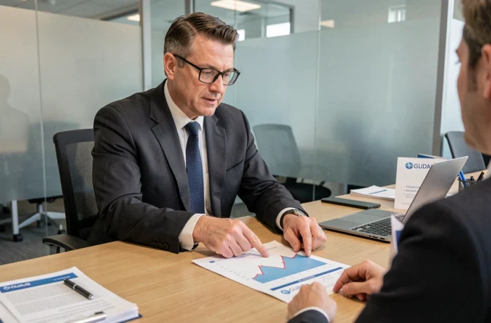 Conseiller financier expliquant un rapport de compte négatif à un client dans une agence bancaire