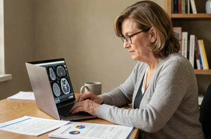 Femme consultant ses images médicales sur un ordinateur portable depuis son bureau à domicile