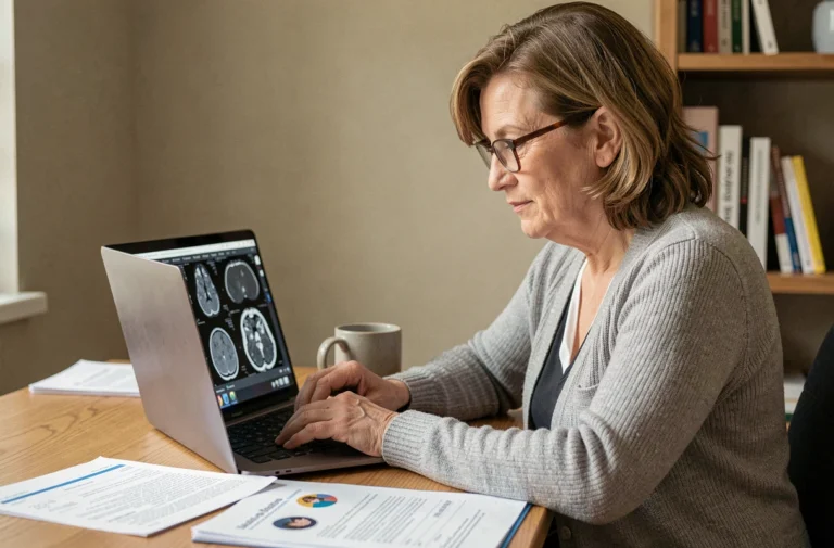Femme consultant ses images médicales sur un ordinateur portable depuis son bureau à domicile