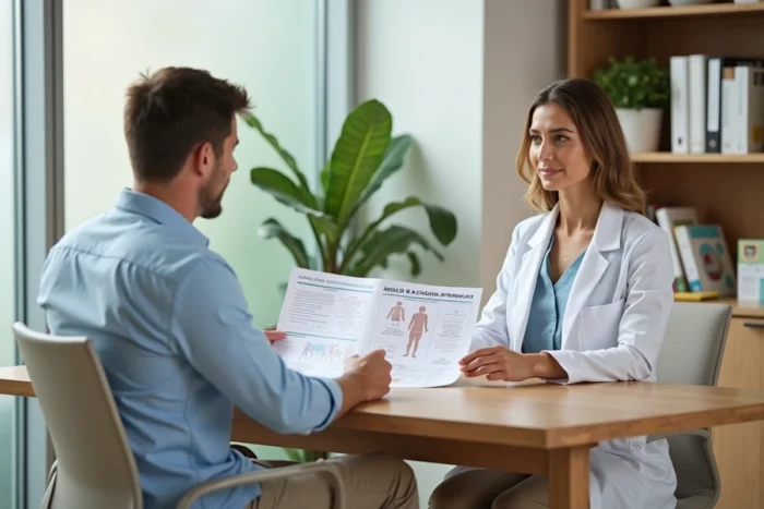 Nutritionniste et patient examinant ensemble un rapport de masse musculaire lors d'une consultation santé