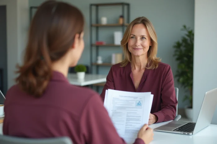 Femme consultant un conseiller santé MGEN pour le remboursement d'une prothèse capillaire