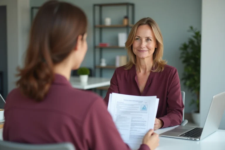 Femme consultant un conseiller santé MGEN pour le remboursement d'une prothèse capillaire