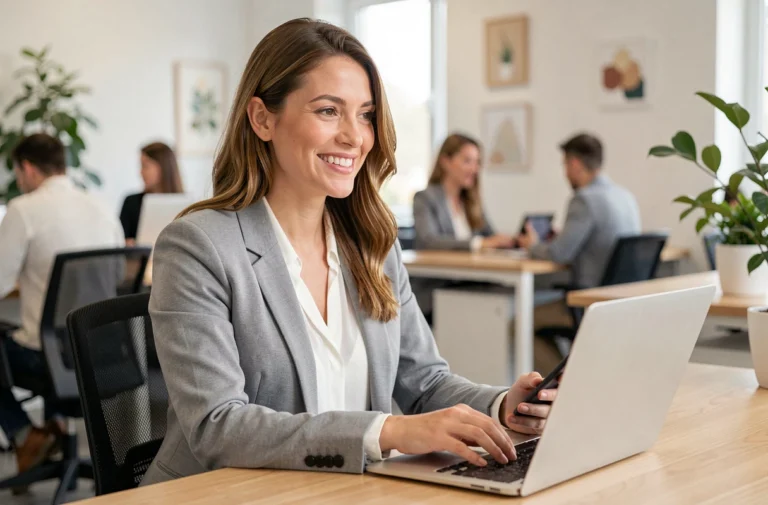 Femme professionnelle souriante au bureau répondant aux questions des clients par téléphone et ordinateur portable