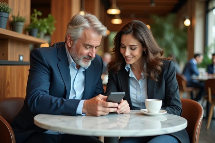 Couple vérifiant l'accès en ligne à leurs comptes BNP Paribas banque privée sur smartphone dans un café haut de gamme