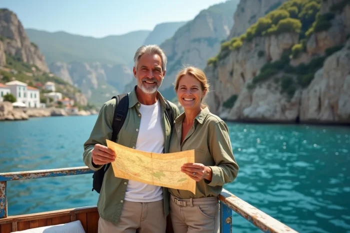 Couple de voyageurs sur un ferry en Méditerranée tenant une carte devant un littoral aux villages blancs