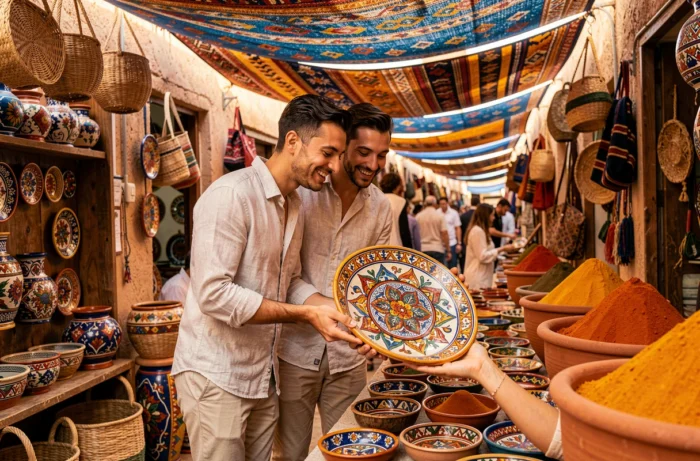 Couple de voyageurs découvrant des céramiques artisanales dans un marché coloré de médina nord-africaine