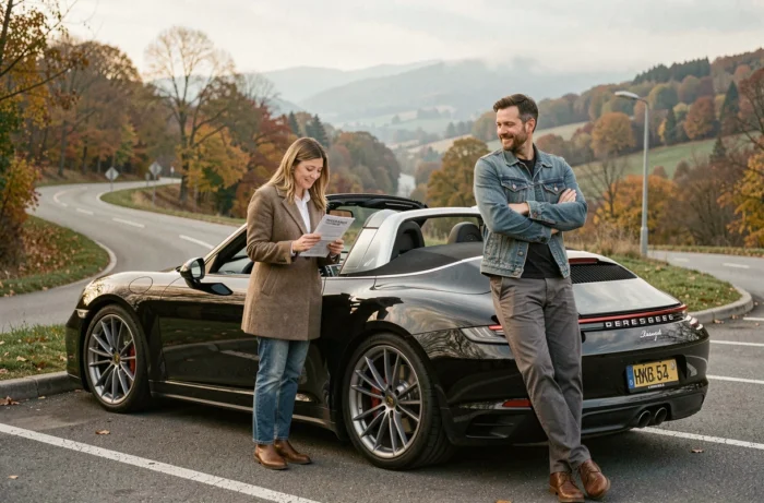 Couple consultant une brochure d'assurance auto à côté d'une Porsche 911 Targa noire en pleine campagne