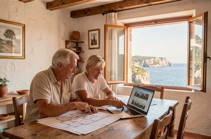 Couple étudiant des annonces immobilières dans un appartement en bord de mer, évaluation des critères influençant le prix d'un bien avec vue sur la mer