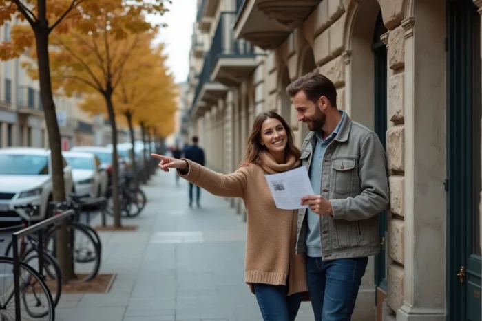 Couple visitant un immeuble résidentiel trouvé grâce à LocService pour une location