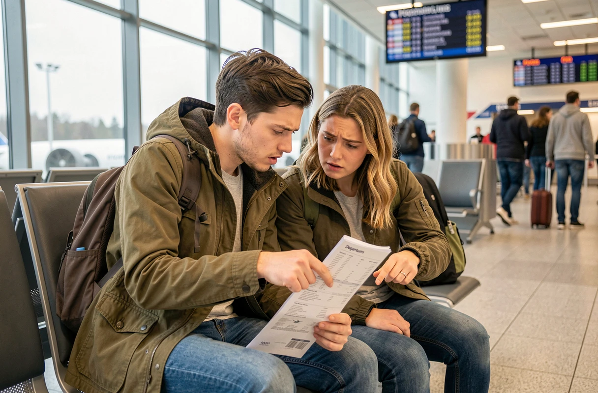 Couple de voyageurs examinant leur itinéraire de vol avant l'embarquement à l'aéroport