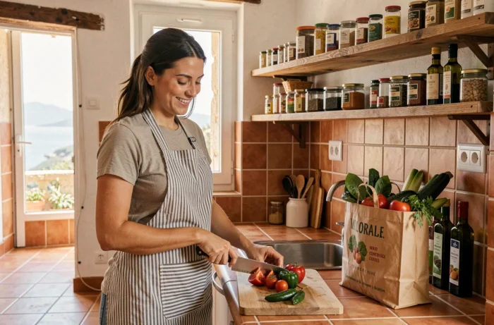 Femme cuisinant dans la cuisine d'un appartement de vacances avec des produits du marché local