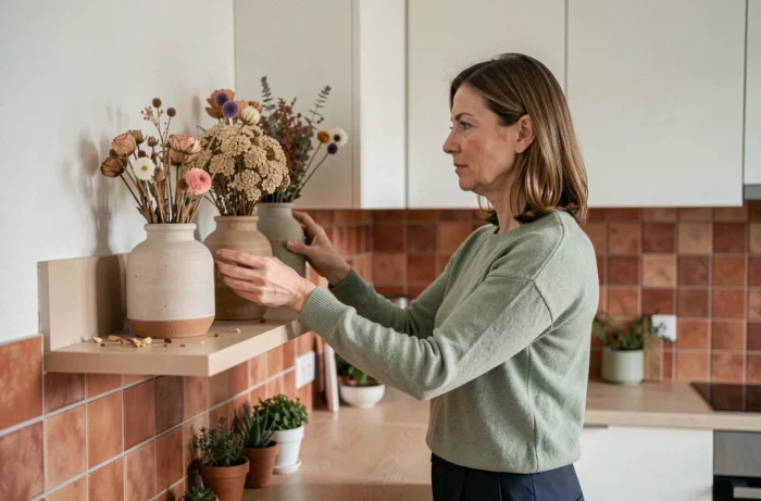 Femme arrangeant des fleurs séchées et des vases en céramique sur une étagère murale dans une cuisine minimaliste décorée