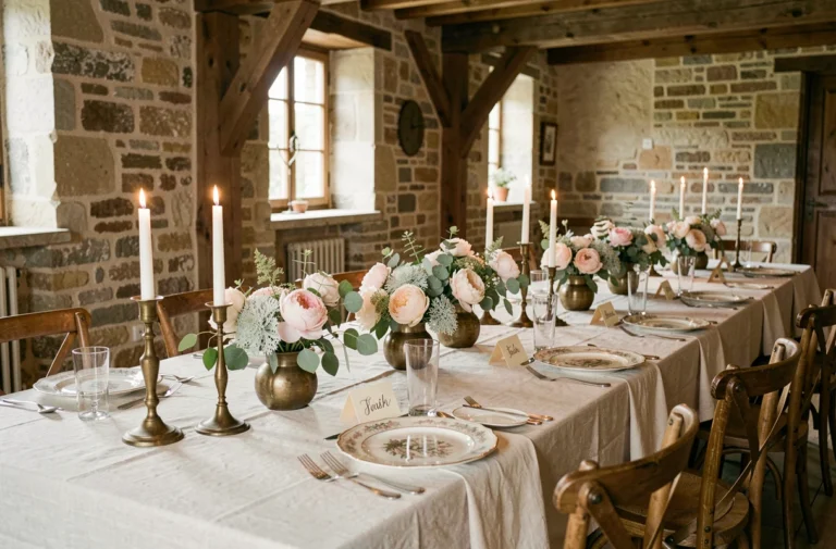 Table de mariage élégante dans un château rustique avec compositions florales en pivoines blush, vaisselle vintage et bougeoirs en laiton