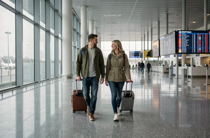 Couple voyageant en milieu de semaine dans un aéroport calme avec leurs valises à roulettes