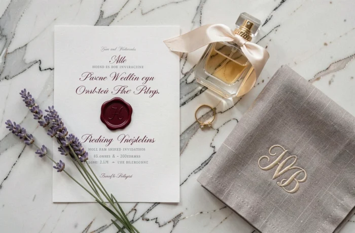 Flat lay de détails de mariage sur marbre blanc avec faire-part calligraphié, cachet de cire bordeaux, alliance dorée et lin brodé
