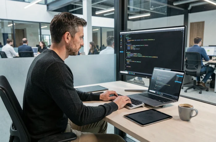 Développeur concentré codant des solutions technologiques de pointe dans un bureau privé moderne et épuré