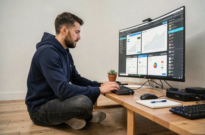 Jeune homme développeur web travaillant sur plusieurs onglets de navigateur depuis son appartement minimaliste
