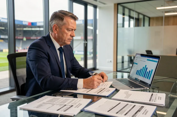 Dirigeant de club de Ligue 1 analysant les budgets financiers dans un bureau moderne avec vue sur un stade