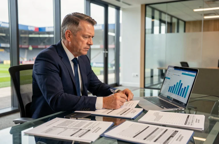 Dirigeant de club de Ligue 1 analysant les budgets financiers dans un bureau moderne avec vue sur un stade