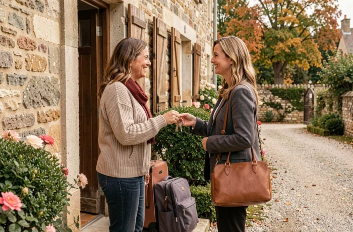 Deux femmes échangeant les clés d'une maison de campagne pour un séjour en échange de maisons