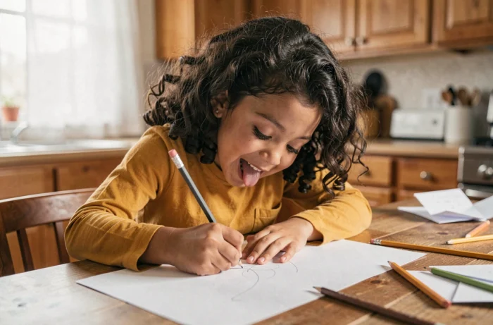 Fillette concentrée qui dessine au crayon sur une feuille blanche à une table en bois dans une cuisine familiale chaleureuse