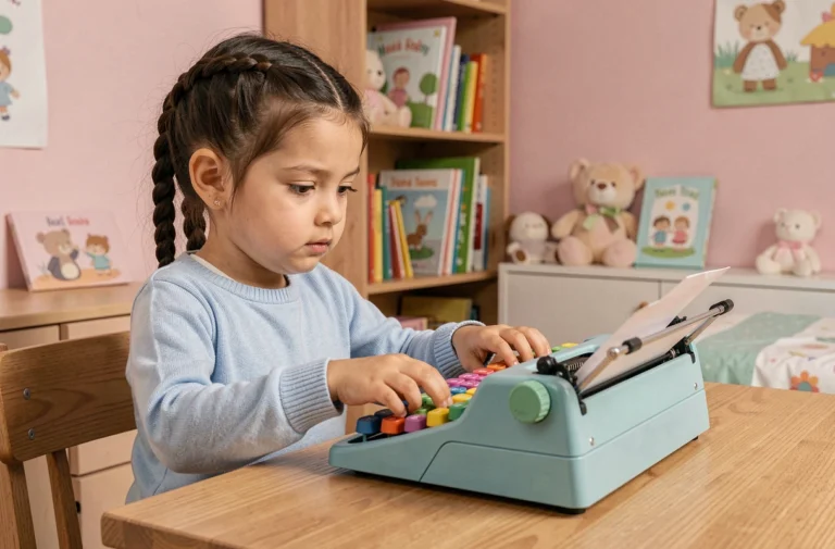 Jeune fille utilisant une machine à écrire jouet colorée sur un bureau en bois dans une chambre d'enfant décorée