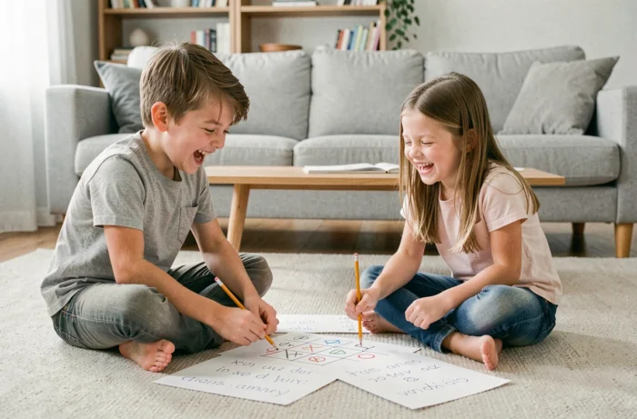 Deux enfants assis par terre jouant ensemble à des jeux de crayon et papier comme le morpion dans un salon scandinave