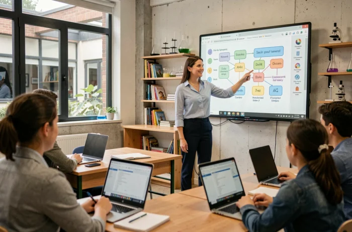 Une enseignante dynamique explique une leçon devant un tableau interactif dans une salle de classe moderne