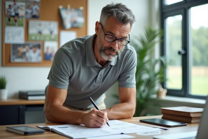 Entraîneur sportif analysant des plans d'entraînement dans son bureau, guide et conseils pour passionnés de sport