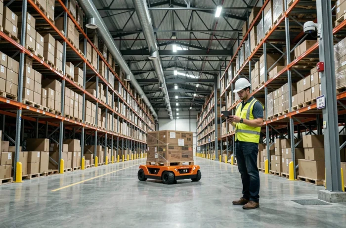 Robot autonome et technicien dans un entrepôt logistique automatisé — classement transporteurs français innovation 2024
