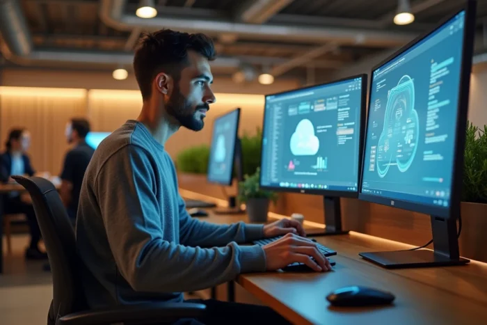 Jeune entrepreneur concentré sur ses écrans dans un espace de coworking, symbolisant l'essor du numérique et des outils cloud pour les entreprises modernes