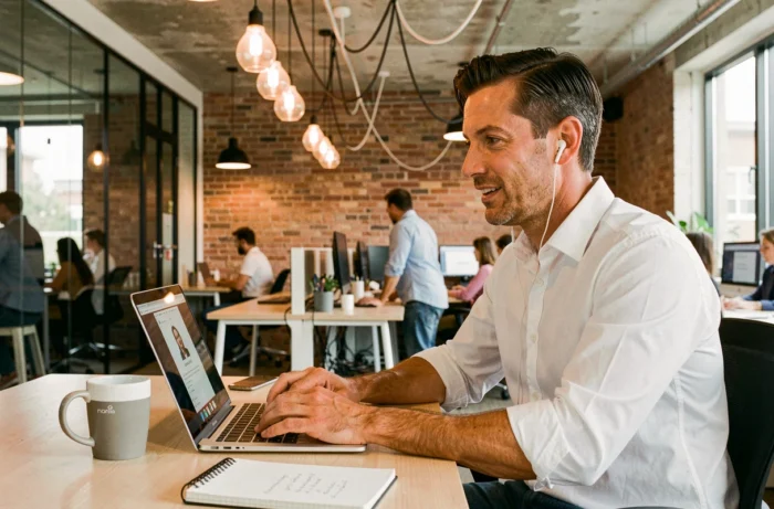 Chef d'entreprise en télécommunication dans un espace de coworking moderne illustrant l'optimisation des services et la flexibilité professionnelle