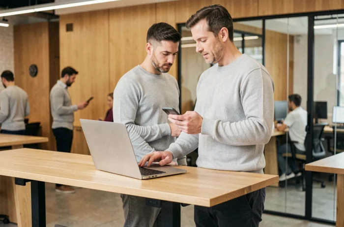 Entrepreneur masculin travaillant sur un ordinateur portable dans un espace de coworking moderne pour développer son business en ligne