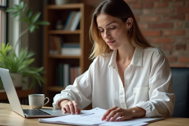 Femme entrepreneur concentrée sur son plan d'affaires dans un bureau moderne à domicile