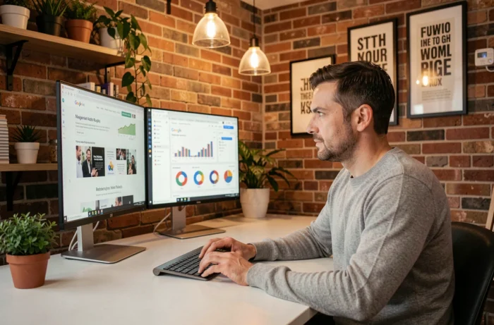 Entrepreneur masculin travaillant sur des outils de marketing digital et de référencement dans un bureau de startup créatif