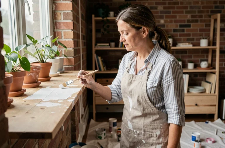 Femme appliquant de la peinture blanche sur une étagère en bois dans un salon décoré avec des plantes et un mur en briques apparentes