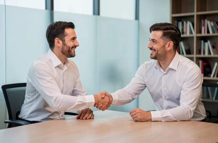 Candidat serrant la main d'un recruteur lors d'un entretien d'embauche en entreprise