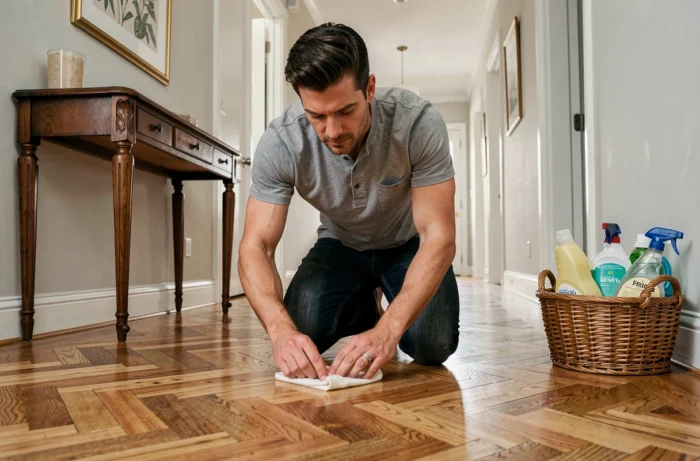 Homme entretenant un parquet en bois avec un chiffon et du polish dans un couloir décoré avec soin