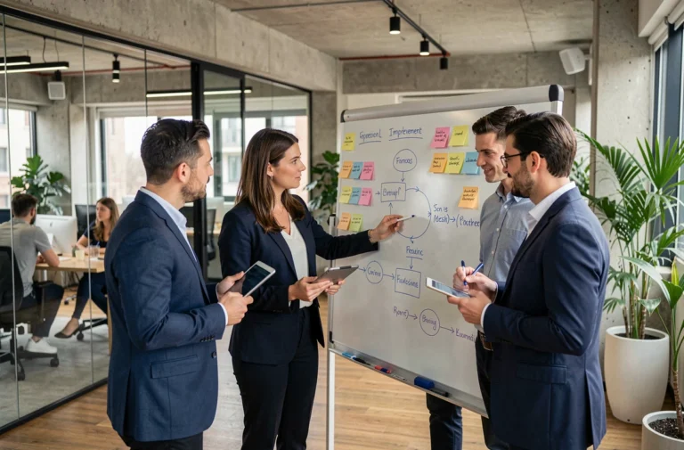 Équipe professionnelle en réunion d'amélioration continue autour d'un tableau blanc couvert de notes et de diagrammes de processus