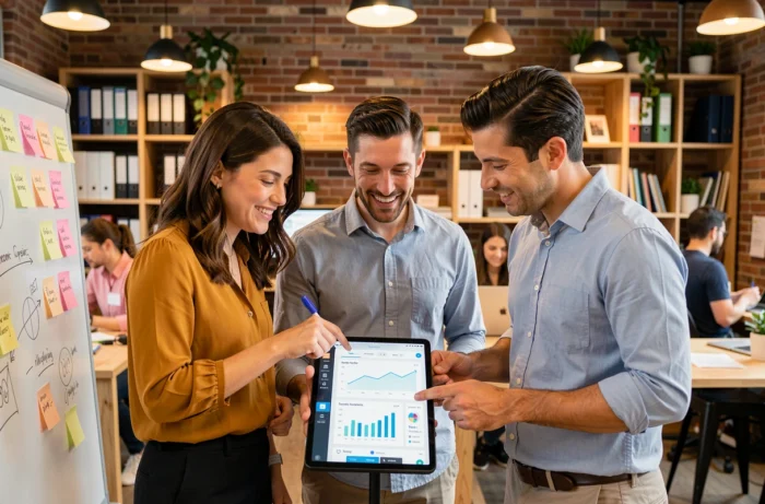 Équipe de collègues analysant les dernières actualités et tendances numériques sur une tablette dans un espace de coworking