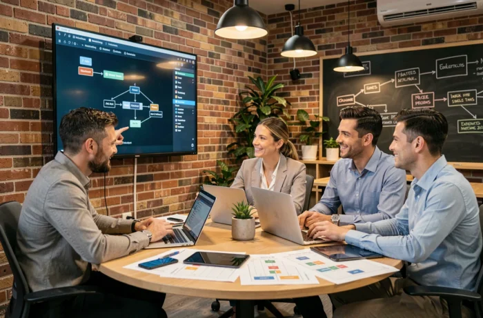 Équipe pluridisciplinaire collaborant autour de solutions numériques innovantes dans un espace de coworking moderne