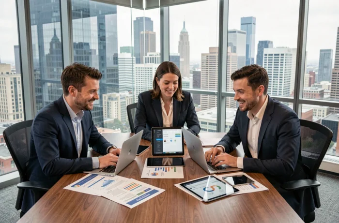 Équipe professionnelle collaborant sur une stratégie de visibilité digitale autour d'une table de réunion avec laptops et tablettes