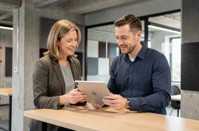 Deux collègues consultant une tablette pour répondre aux questions des utilisateurs dans un espace de coworking