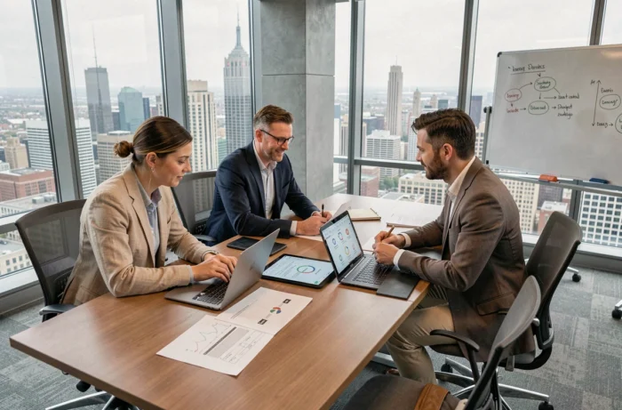 Équipe de professionnels collaborant en salle de réunion pour développer des services innovants et optimiser leur stratégie d'entreprise